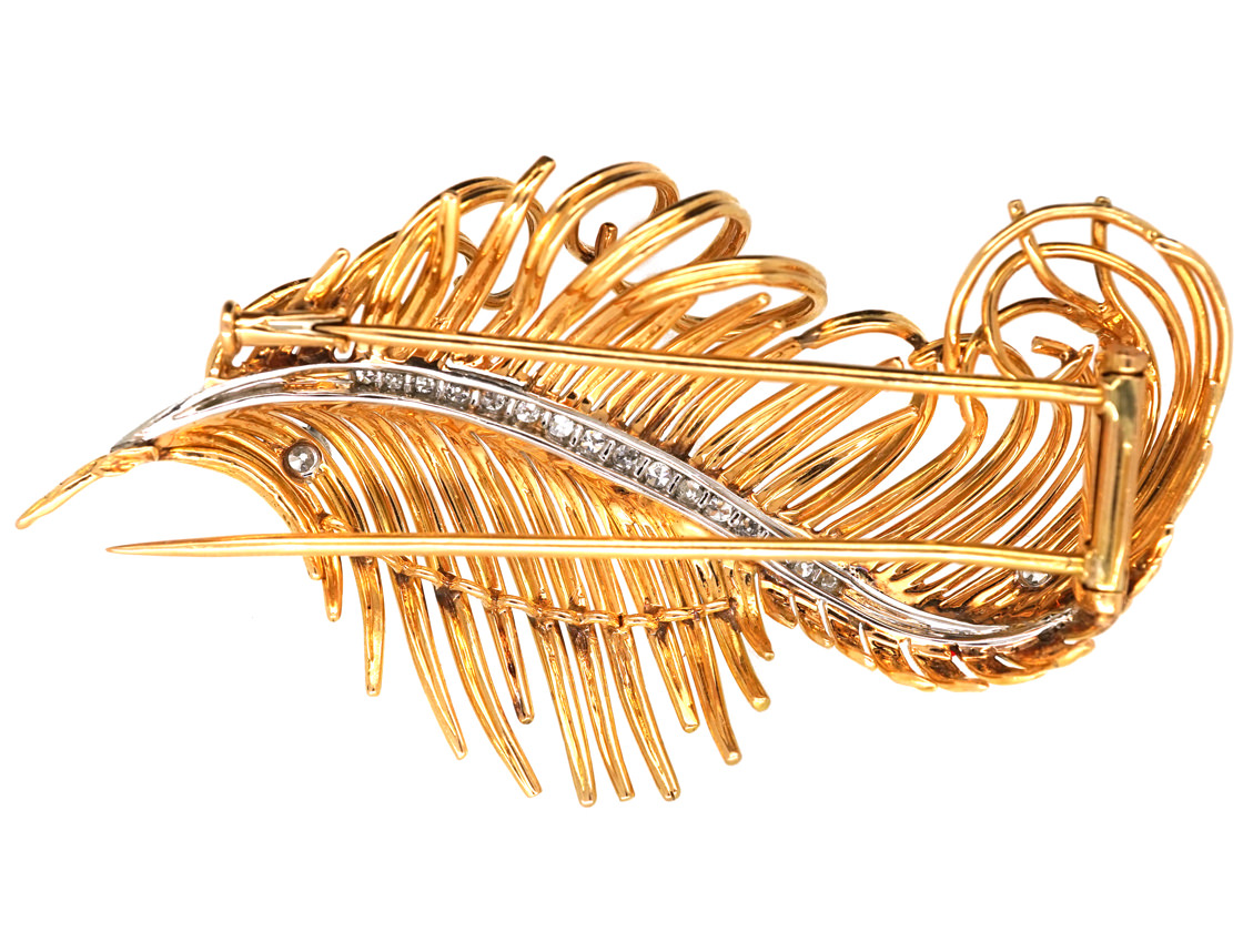 18ct Gold & Diamond Feather Brooch (582L) | The Antique Jewellery Company