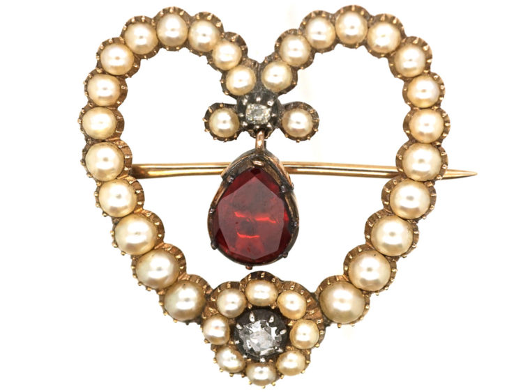 Georgian Heart Shaped Brooch Set with a Garnet, Natural Split Pearls & Diamonds