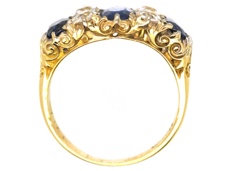 Victorian 18ct Gold, Three Stone Sapphire & Diamond Carved Half Hoop Ring
