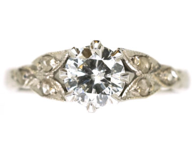 Art Deco Solitaire Diamond Ring With Diamond Set Leaf Shoulders