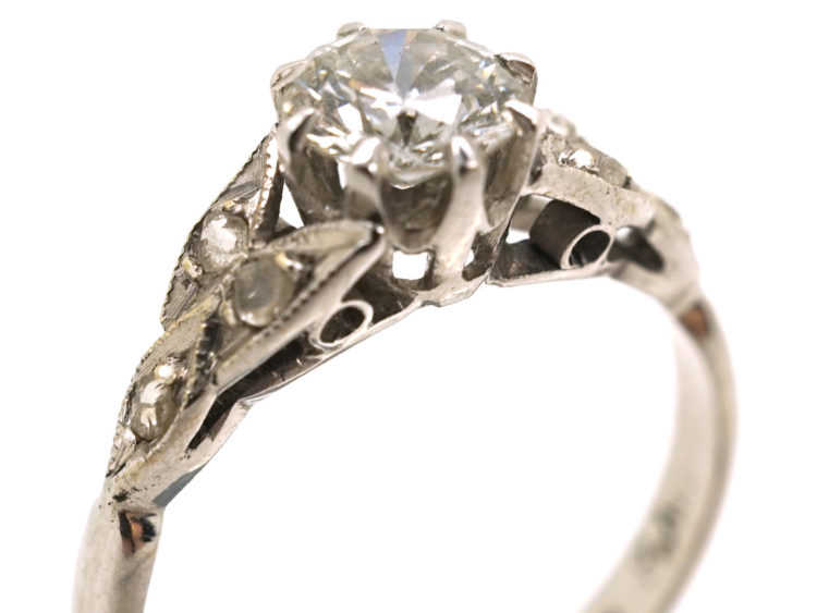 Art Deco Solitaire Diamond Ring With Diamond Set Leaf Shoulders