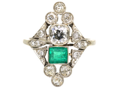 Art Deco 18ct Gold & Platinum, Emerald & Diamond Ring