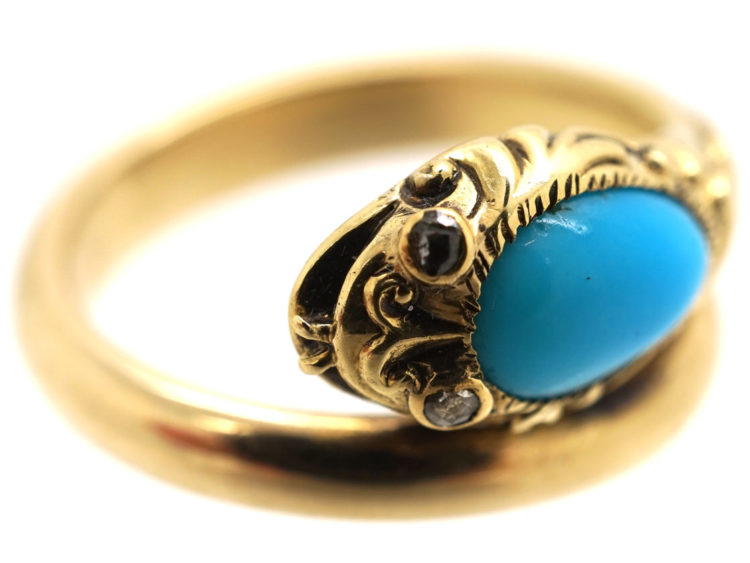 William 1V 18ct Gold Turquoise & Rose Diamond Snake Ring