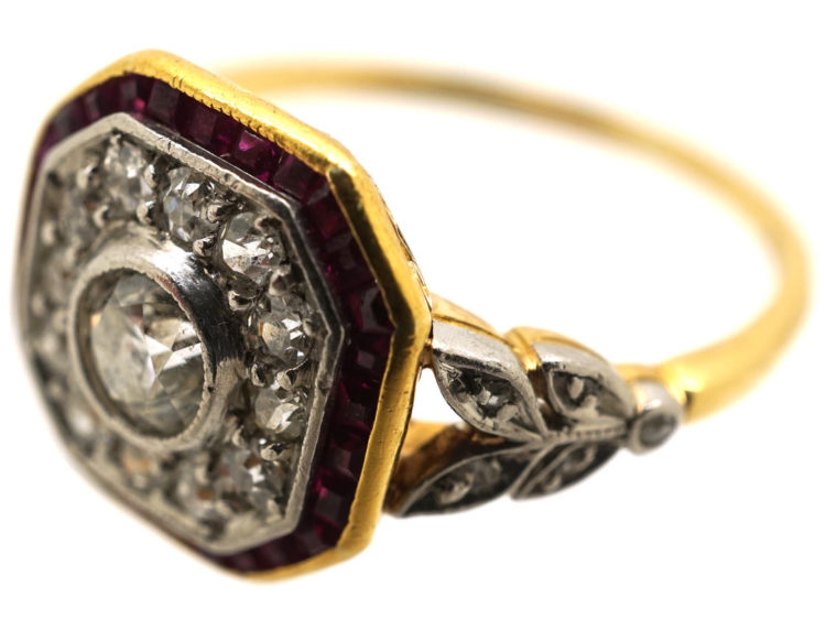 Art Deco 18ct Gold, Platinum, Ruby & Diamond Octagonal Ring