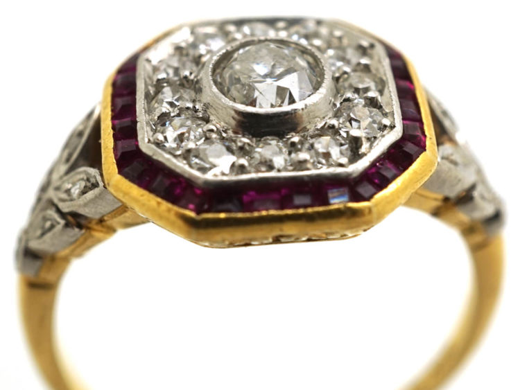Art Deco 18ct Gold, Platinum, Ruby & Diamond Octagonal Ring