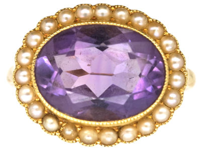 Edwardian 18ct Gold Amethyst & Natural Split Pearl Oval Cluster Ring