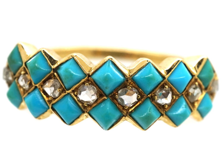 Victorian 18ct Gold, Turquoise & Diamond Zig Zag Ring