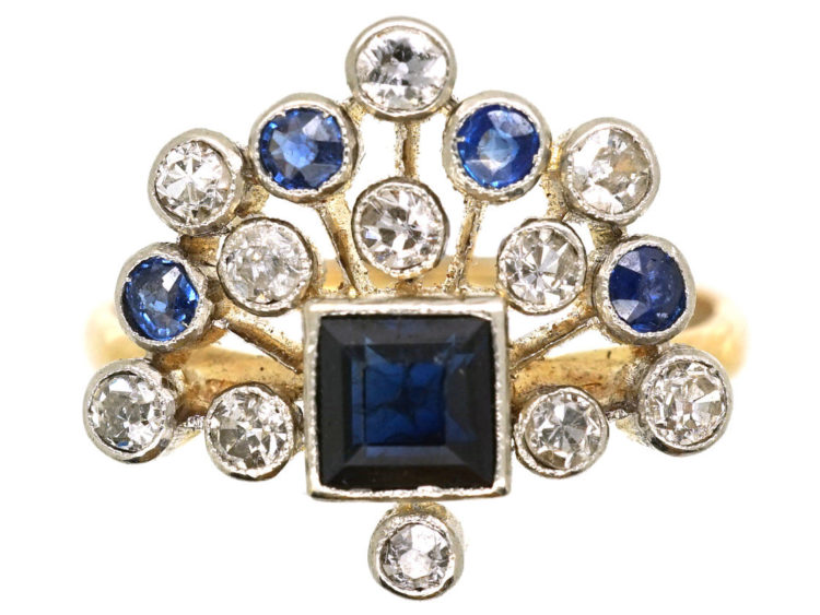 Edwardian 18ct Gold & Platinum, Sapphire & Diamond Firework Ring