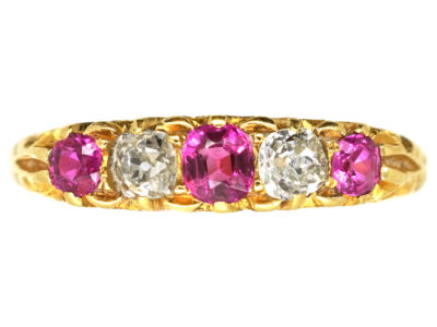 Edwardian Ruby & Diamond Five Stone Carved Half Hoop Ring