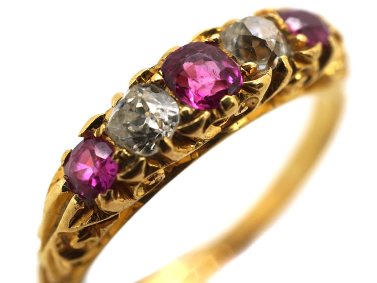 Edwardian Ruby & Diamond Five Stone Carved Half Hoop Ring