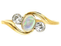 Edwardian 18ct Gold Crossover Ring Set With an Opal & Two Diamonds