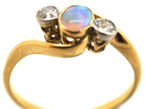Edwardian 18ct Gold Crossover Ring Set With an Opal & Two Diamonds