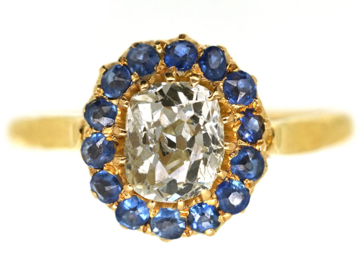 Edwardian 18ct Gold, Diamond & Sapphire Cluster Ring