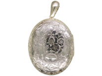 Victorian Large Silver Oval Locket With Flower Engraved Decoration