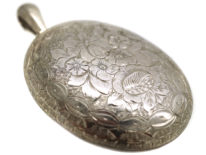 Victorian Large Silver Oval Locket With Flower Engraved Decoration