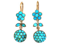 Edwardian 9ct Gold & Silver Turquoise Drop Flower Earrings