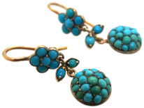 Edwardian 9ct Gold & Silver Turquoise Drop Flower Earrings