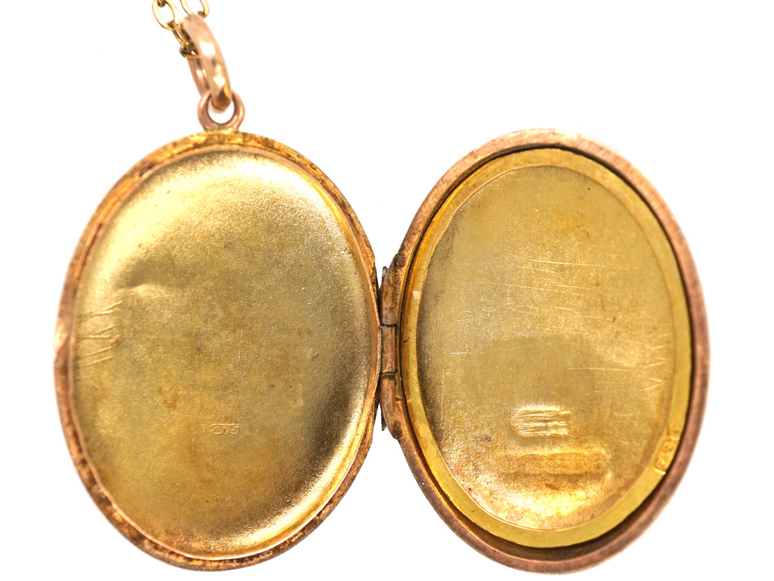 Edwardian 9ct Gold Oval Locket on Base Metal Chain (465L) | The Antique ...