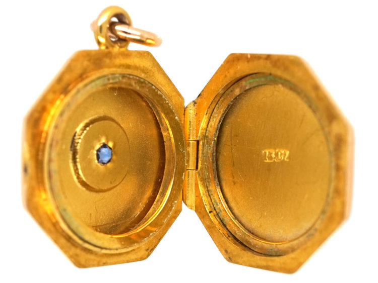 Art Deco 15ct Gold Octagonal Locket set with a Sapphire