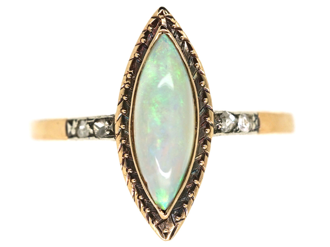 Edwardian 14ct Gold, Opal & Rose Diamond Marquise Ring (383L) | The ...