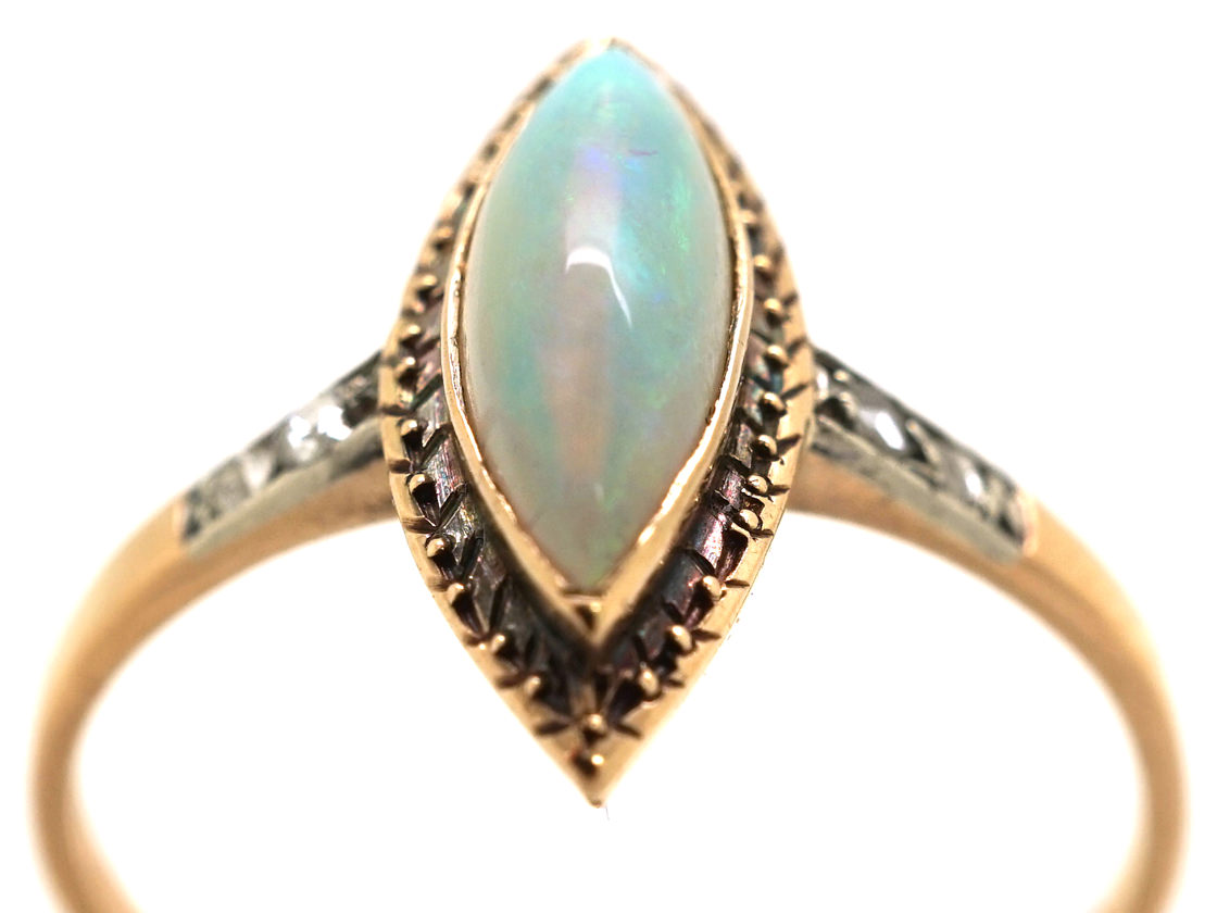 Edwardian 14ct Gold, Opal & Rose Diamond Marquise Ring (383L) | The ...