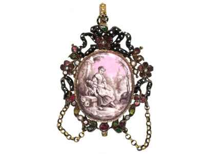 Austro-Hungarian Silver, Emerald, Pearl & Garnet Pendant with Enamelled Miniature