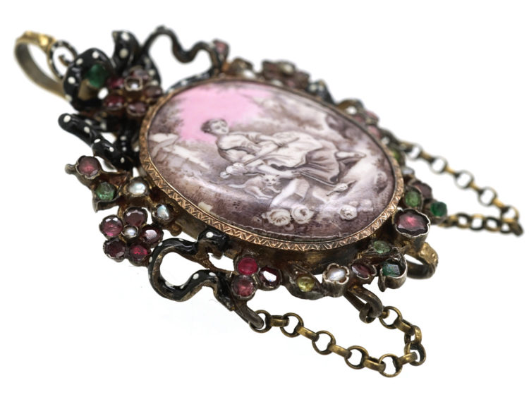 Austro-Hungarian Silver, Emerald, Pearl & Garnet Pendant with Enamelled Miniature