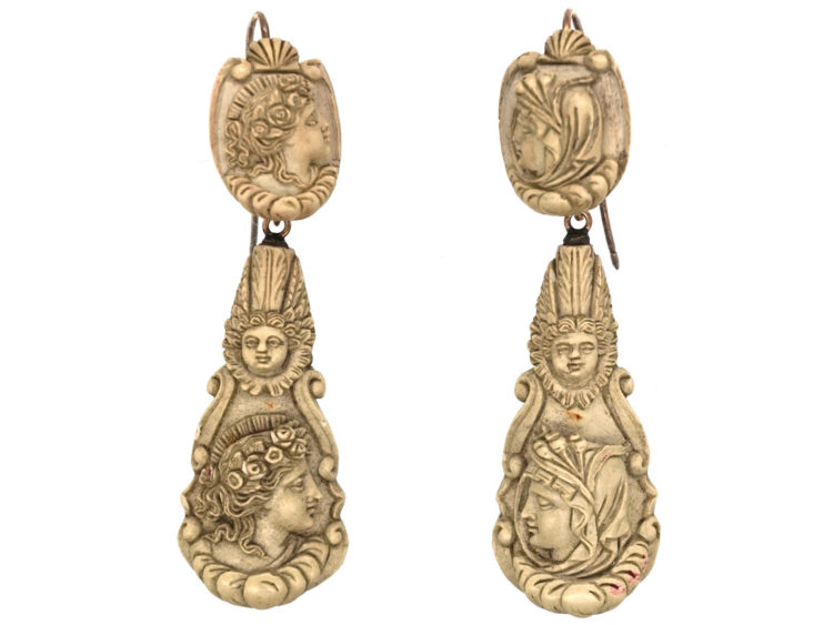 Early 19th Century Lava Cameo Night & Day Drop Earrings