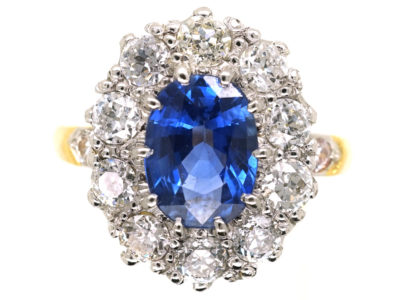 18ct Gold, Large Sapphire & Diamond Oval Cluster Ring