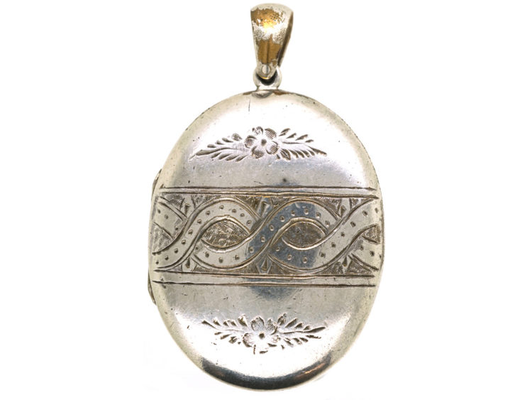 Victorian Oval Silver Locket With Entwined Ribbon Design