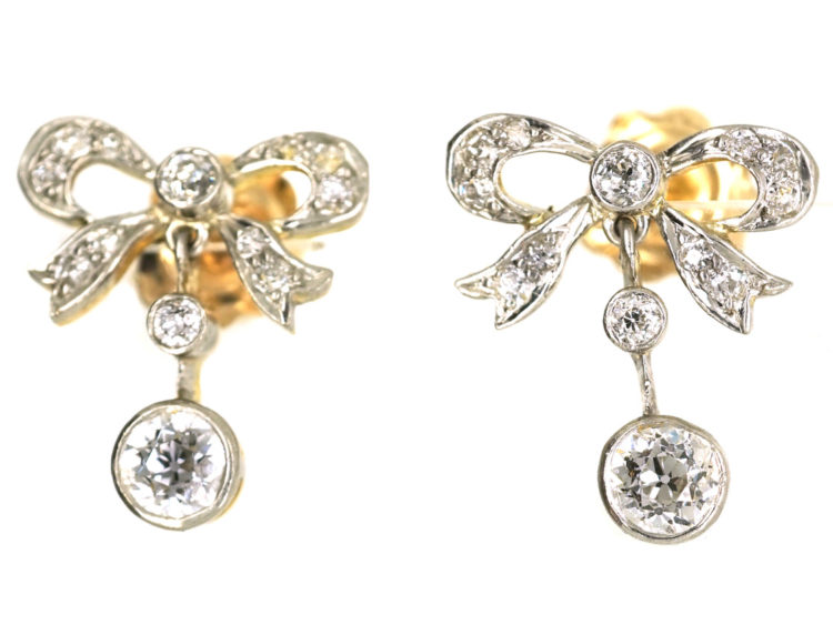 Edwardian 15ct Gold & Platinum Diamond Bow Drop Earrings