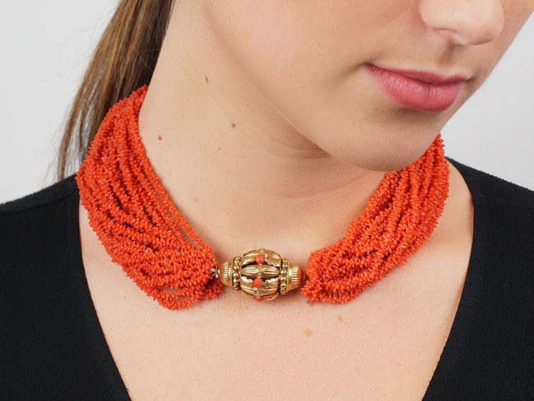 Georgian 23 Strand Coral Necklace with 18ct Gold Clasp