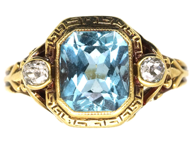 Edwardian 18ct Gold Aquamarine & Rose Diamond Ring With Greek Key Design Detail