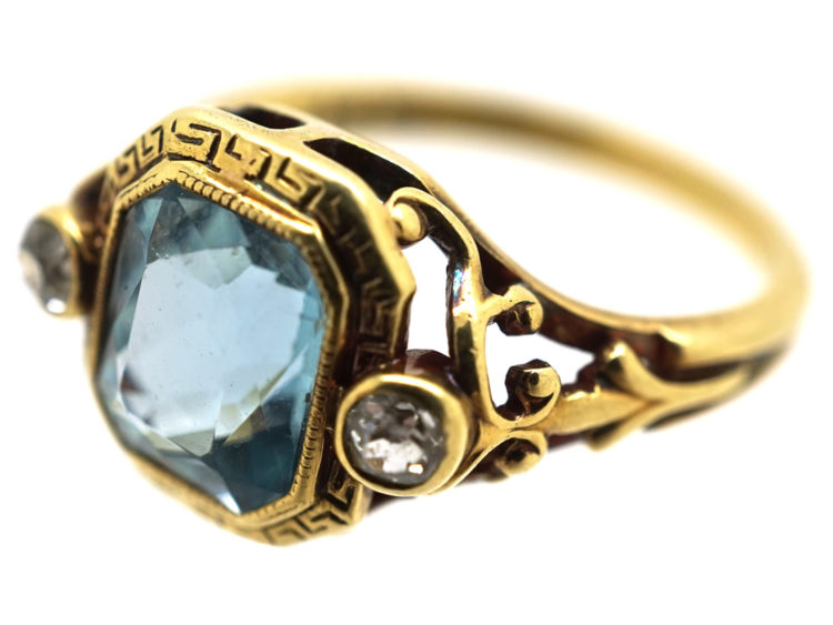Edwardian 18ct Gold Aquamarine & Rose Diamond Ring With Greek Key Design Detail