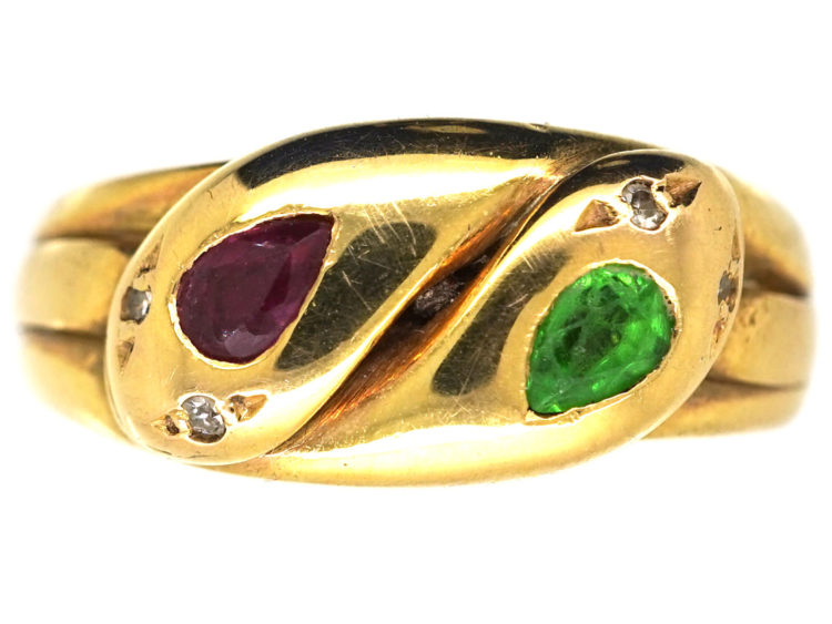 Edwardian 18ct Gold, Green Garnet, Ruby & Rose Diamond Double Snake Ring