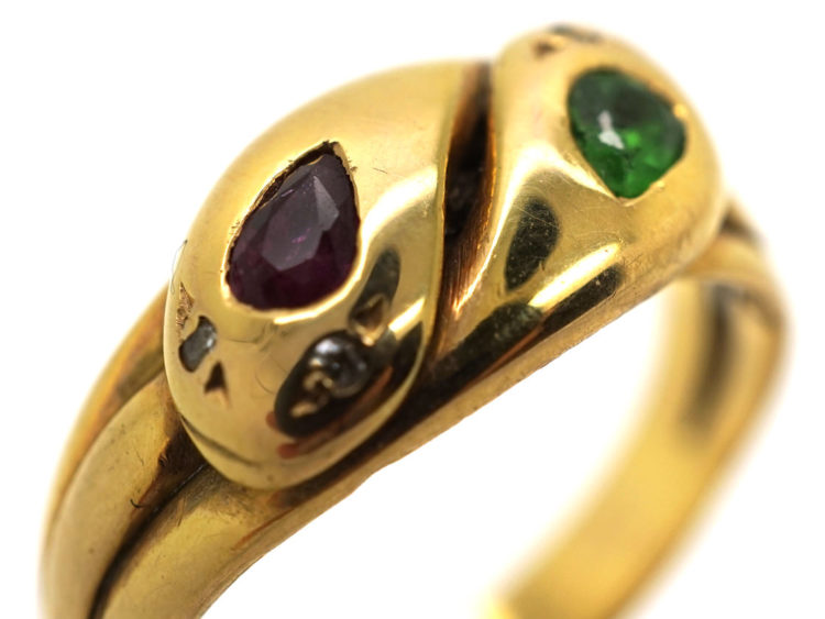 Edwardian 18ct Gold, Green Garnet, Ruby & Rose Diamond Double Snake Ring