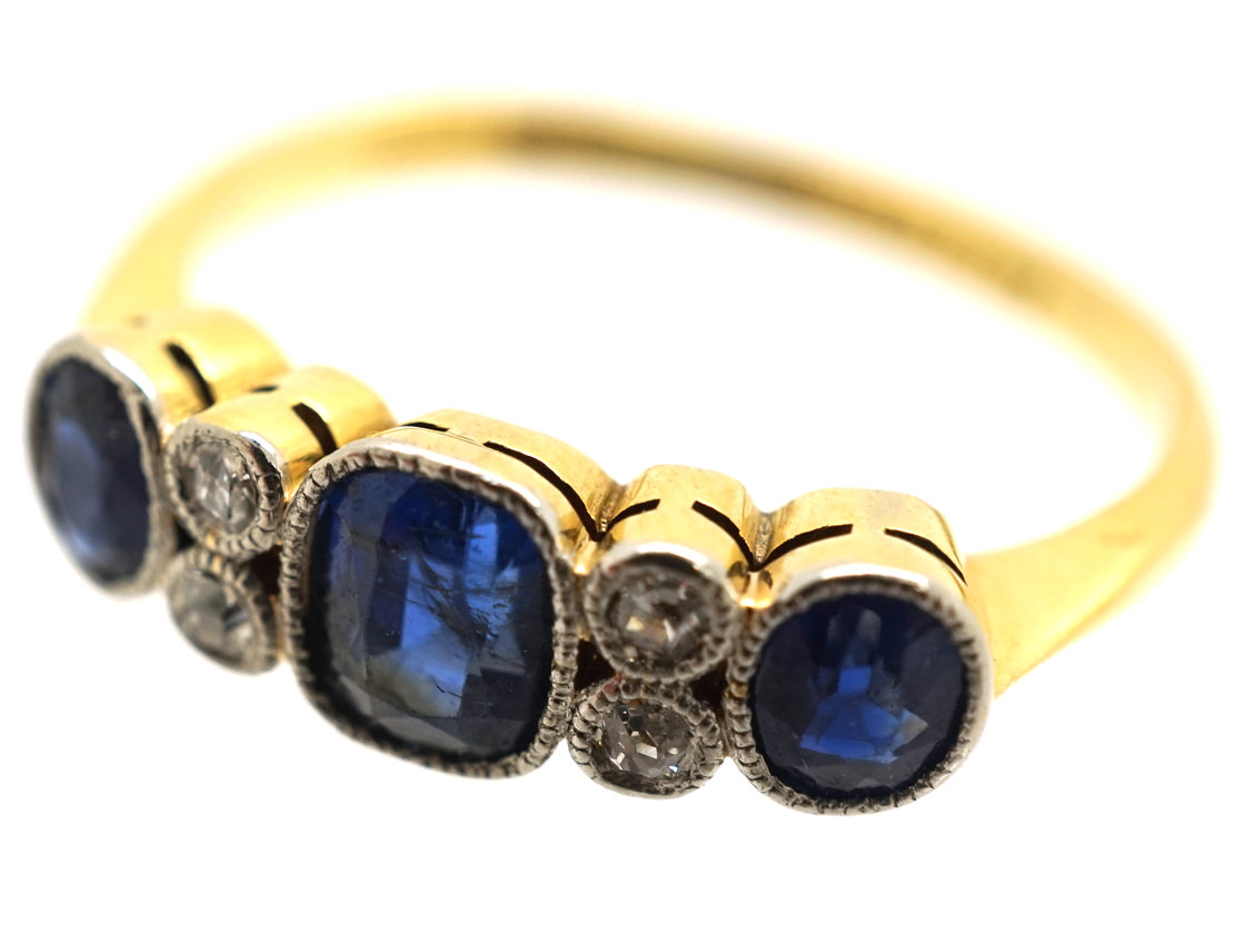 Edwardian 18ct Gold & Platinum, Three Stone Sapphire & Diamond Ring ...