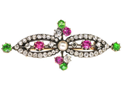 Edwardian 15ct Gold, Green Garnet, Ruby, Pearl & Diamond Suffragette Brooch