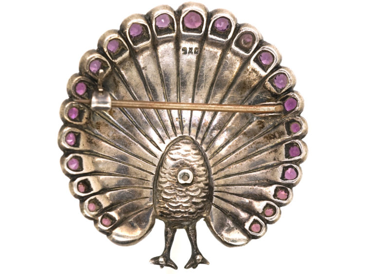 Edwardian Silver & Coloured Paste Peacock Brooch