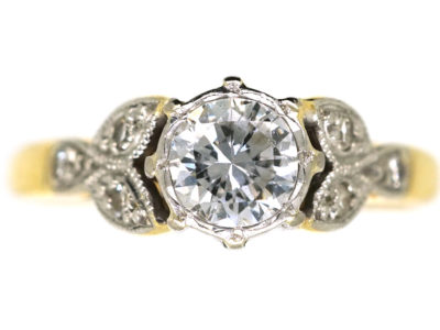 Art Deco Diamond Solitaire Ring with Diamond Set Leaf Shoulders