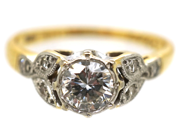 Art Deco Diamond Solitaire Ring with Diamond Set Leaf Shoulders