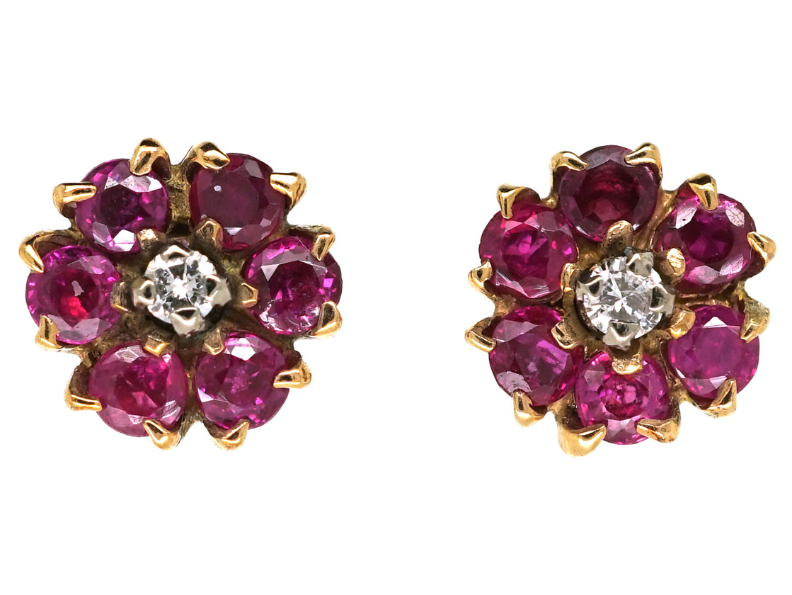 18ct Gold, Ruby & Diamond Cluster Earrings (479L) | The Antique ...