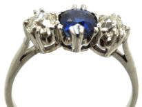Art Deco 18ct White Gold, Diamond & Sapphire Three Stone Ring