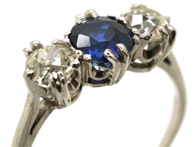 Art Deco 18ct White Gold, Diamond & Sapphire Three Stone Ring