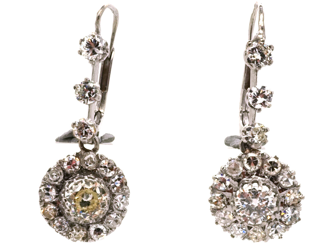 Edwardian 18ct White Gold & Diamond Cluster Drop Earrings - The Antique ...