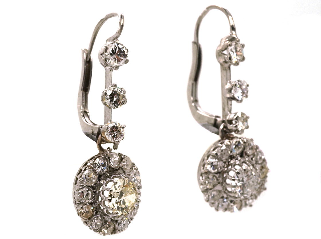 Edwardian 18ct White Gold & Diamond Cluster Drop Earrings - The Antique ...