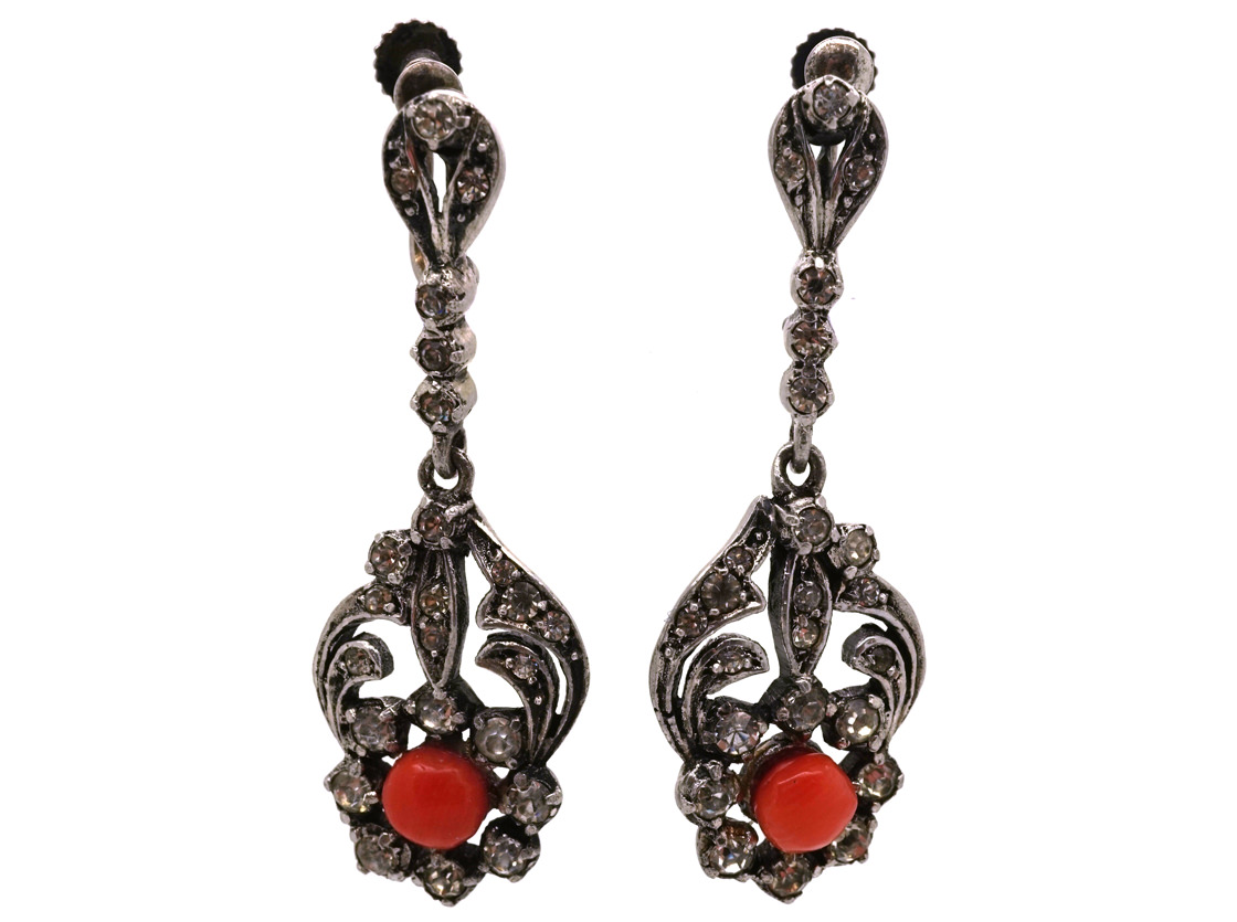 Art Deco Silver, Paste & Coral Drop Earrings (707L) | The Antique ...