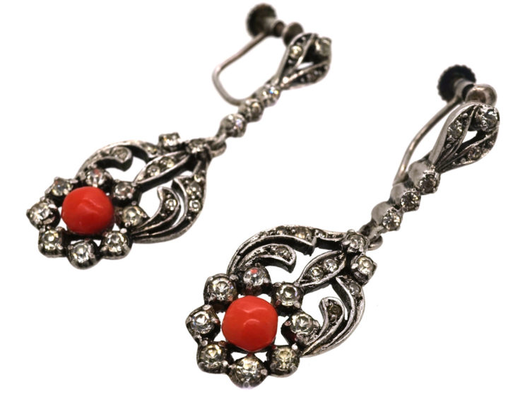 Art Deco Silver, Paste & Coral Drop Earrings