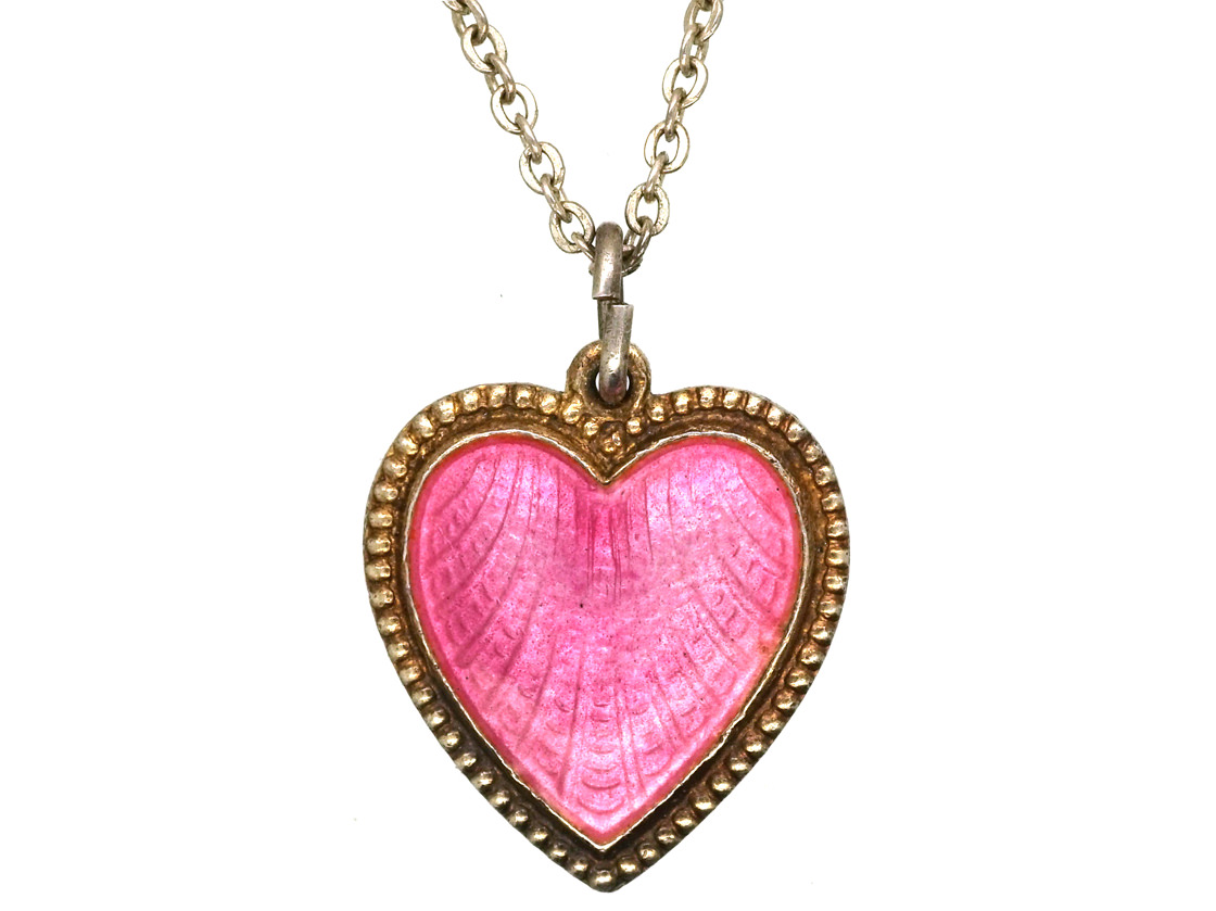 Norwegian Silver Gilt & Pink Enamel Heart Pendant on Silver Chain by