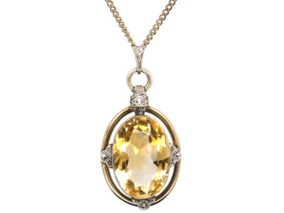 Art Deco Silver Pendant set with a Large Oval Citrine on Silver Chain